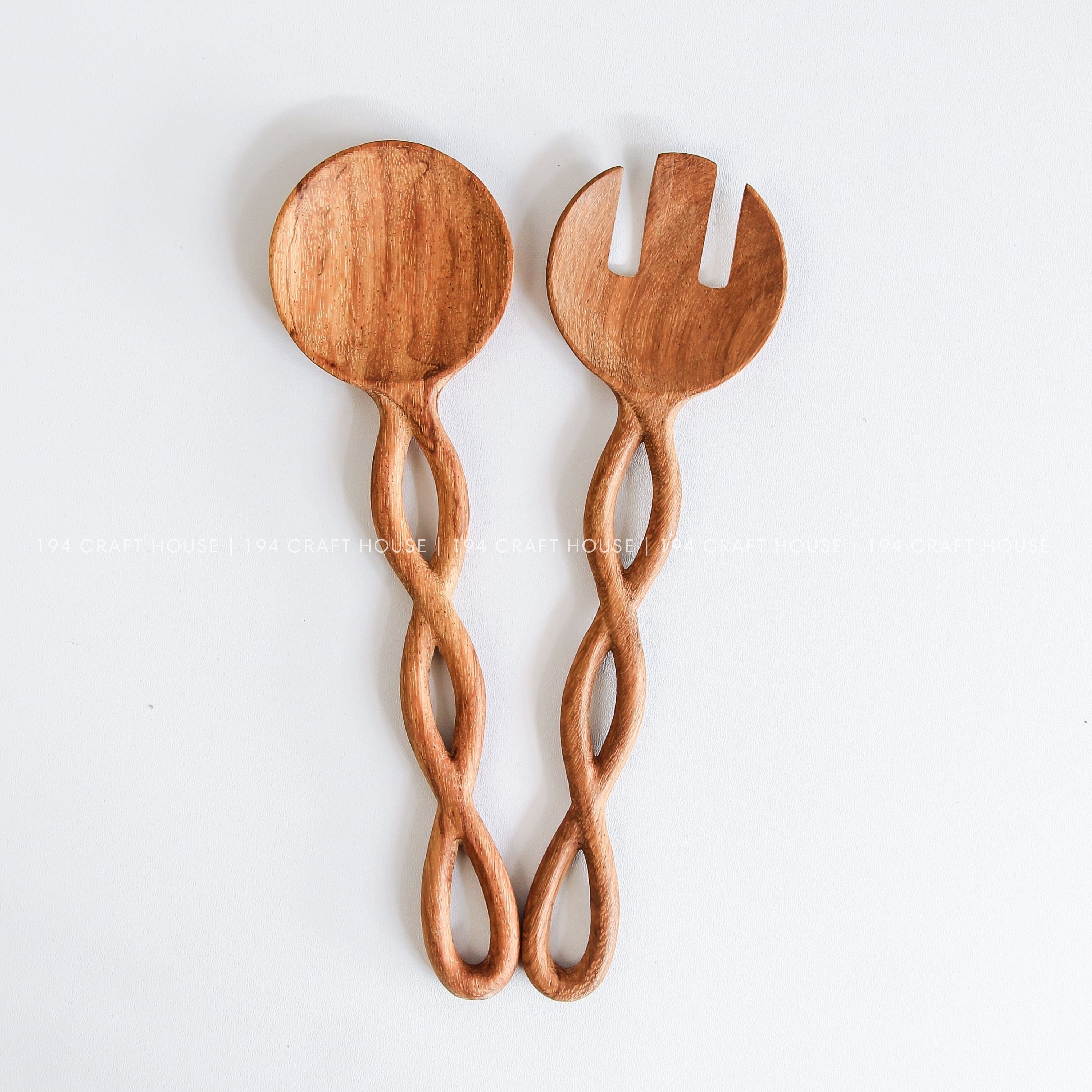 Hand Carved Wooden Salad Spoon and Fork Set: Twisted Handle Serving Utensils