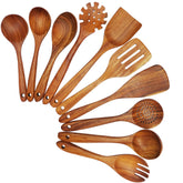 Teak Wood Cooking Utensils Set: 10-Piece Spatulas & Spoons