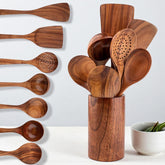 Rustic Wooden Cooking Utensil Set with Holder