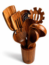 Teak Wood Kitchen Utensil Gift Set, 9 Piece Wooden Cooking Utensils with Holder + Bonus Rice Spoon
