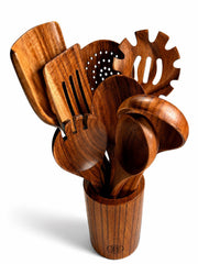 Teak Wood Kitchen Utensil Gift Set, 9 Piece Wooden Cooking Utensils with Holder + Bonus Rice Spoon