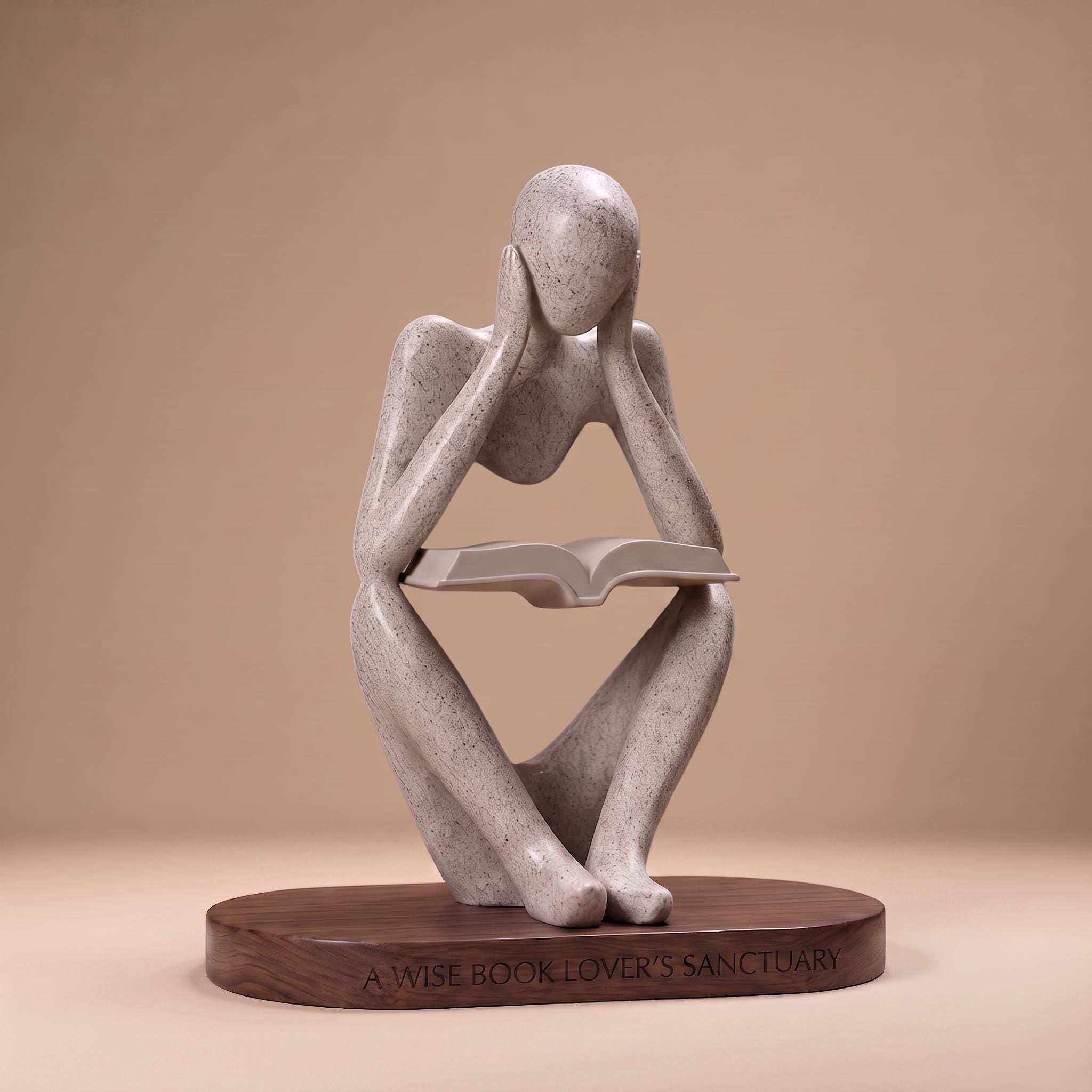 Abstract Thinker with Book Sandstone Sculpture – Desk/Office/Bookshelf Decor