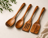 Acacia Wood Cooking Utensil Set, 4 Piece Wooden Kitchen Tools, Spoon & Spatula Set, Nonstick Safe
