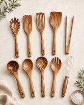 10 Piece Wooden Cooking Utensil Set, Teak Wood Spoons, Spatulas, Ladle, Tongs and Whisk, Nonstick Kitchen Tools Set