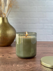 Olive Green Bubble Glass Candle, 9 oz Soy Candle with Gold Lid