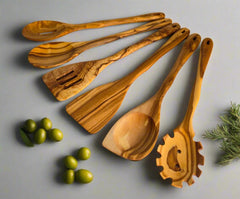 Olive Wood Utensil Set - 6 Piece Kitchen Spoons, Spatulas & Spaghetti Server