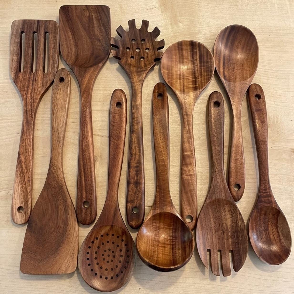 10 Piece Teak Kitchen Utensil Set, Wooden Cooking Tools, Natural Wood Spoons And Spatulas