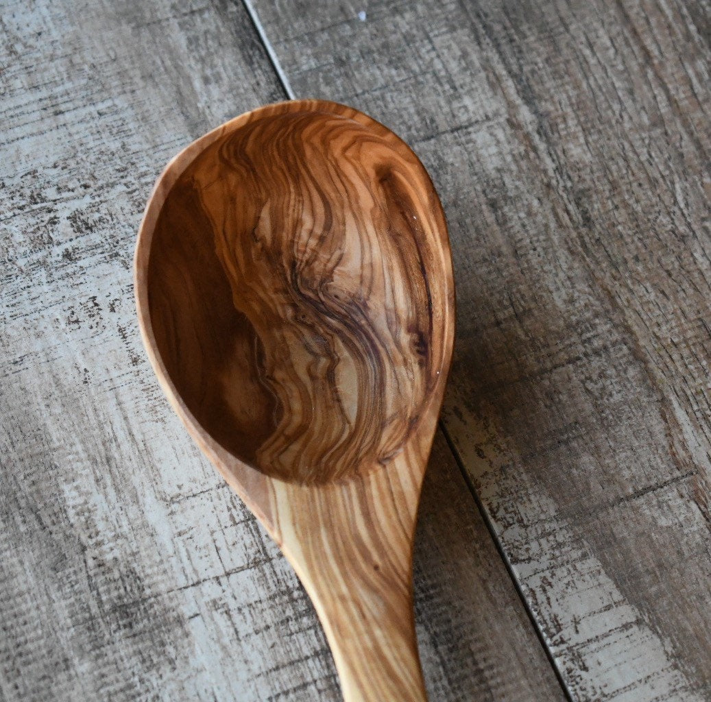 Olive Wood Ladle – Wooden Soup Spoon, Rustic Kitchen Utensil, Natural Wood Serving Spoon