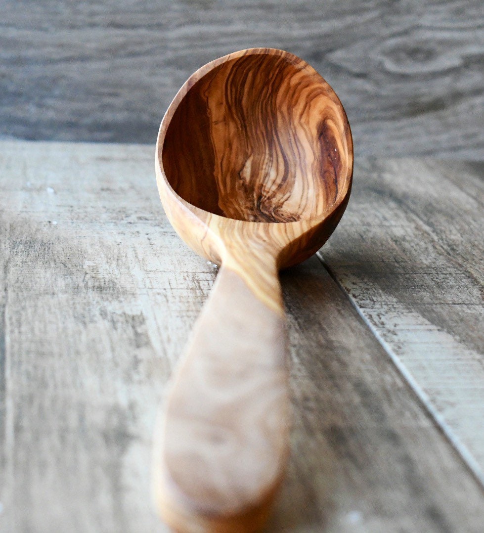 Olive Wood Ladle – Wooden Soup Spoon, Rustic Kitchen Utensil, Natural Wood Serving Spoon