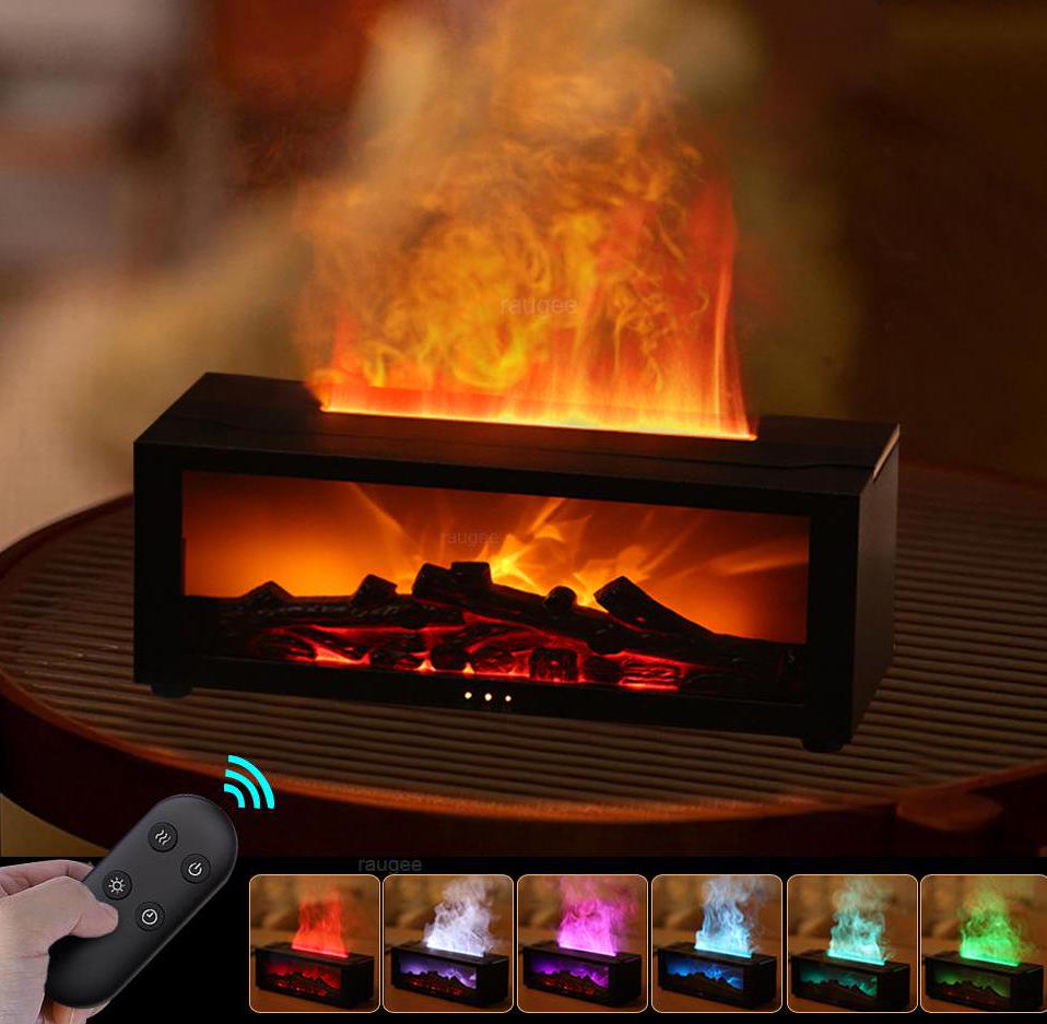 Simulation Fireplace Flame Humidifier with Remote Control, LED Light, Timer, and Aromatherapy Diffuser