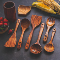 Teak Kitchen Utensil Set: Wooden Spoons, Spatulas, Ladle & Holder