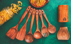 Teak Kitchen Utensil Set: Wooden Spoons, Spatulas, Ladle & Holder