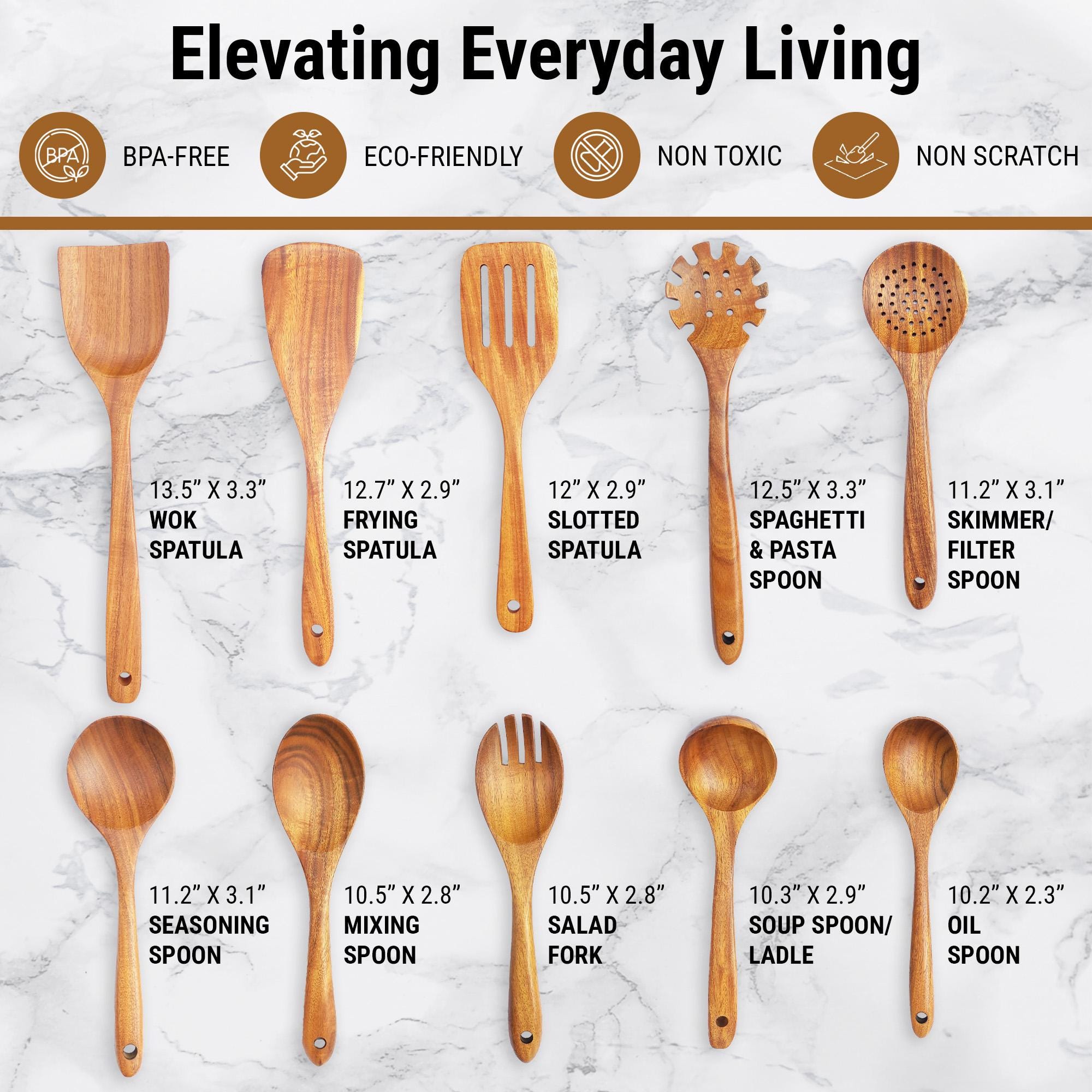 Teak Wood Cooking Utensils Set: 10-Piece Spatulas & Spoons