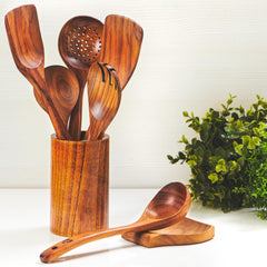 Teak Kitchen Utensil Set: Wooden Spoons, Spatulas, Ladle & Holder