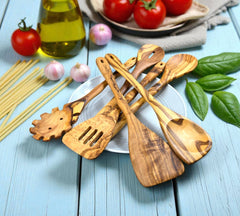 Olive Wood Utensil Set - 6 Piece Kitchen Spoons, Spatulas & Spaghetti Server