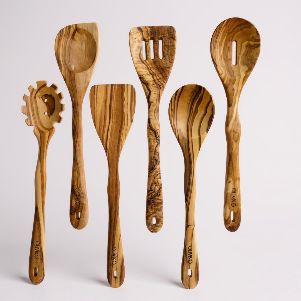 Olive Wood Utensil Set - 6 Piece Kitchen Spoons, Spatulas & Spaghetti Server