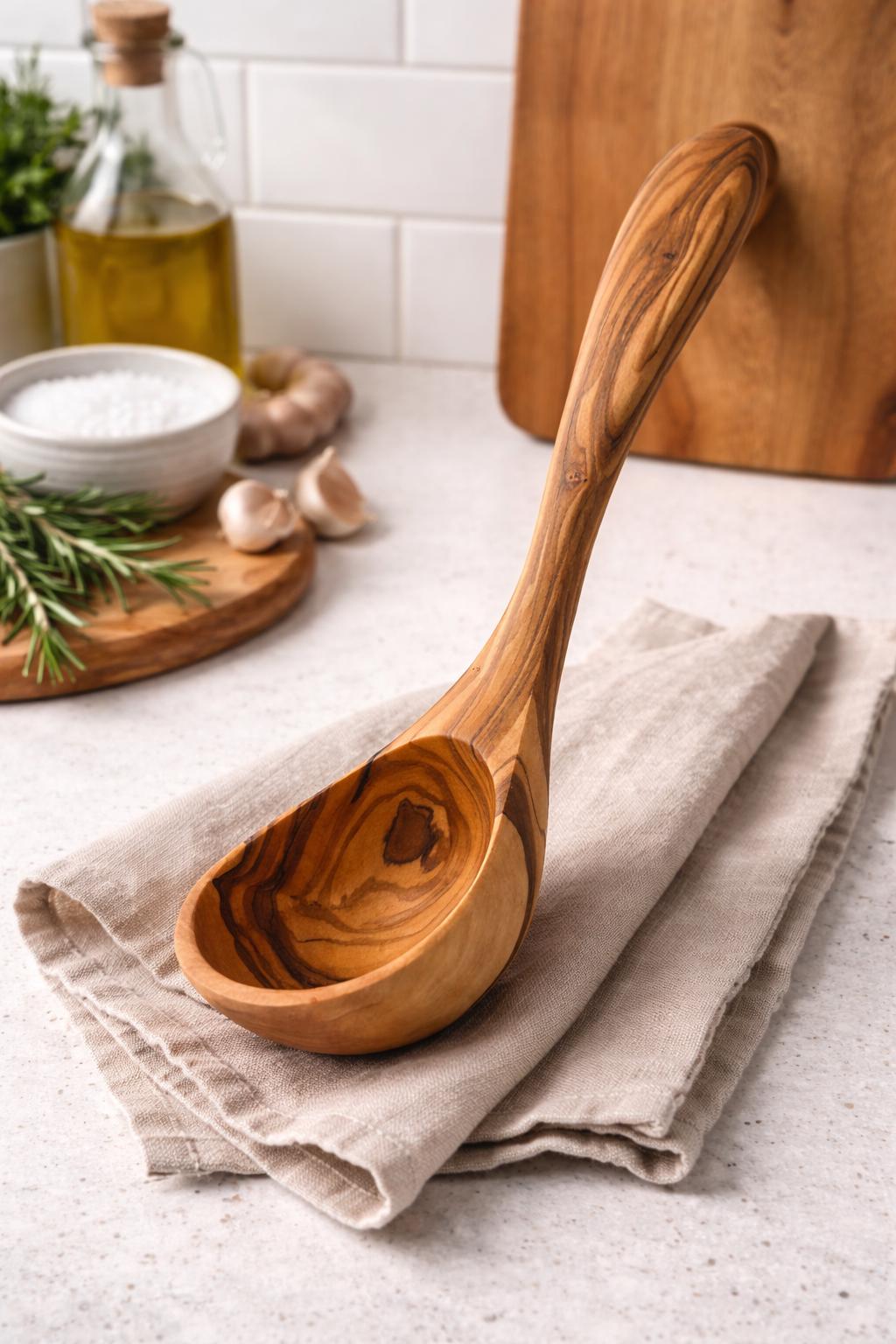 Olive Wood Ladle – Wooden Soup Spoon, Rustic Kitchen Utensil, Natural Wood Serving Spoon