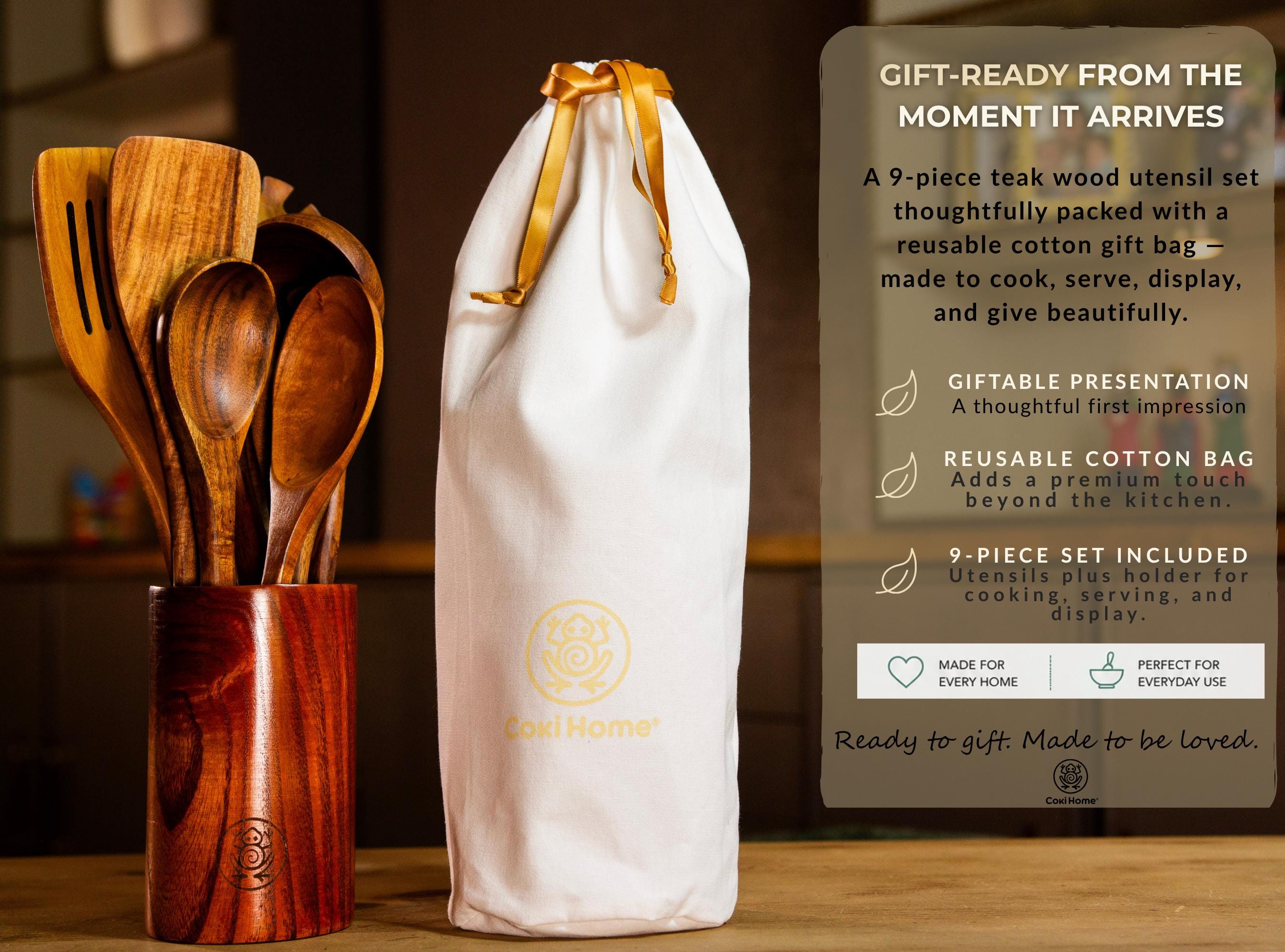 Teak Wood Kitchen Utensil Gift Set, 9 Piece Wooden Cooking Utensils with Holder + Bonus Rice Spoon