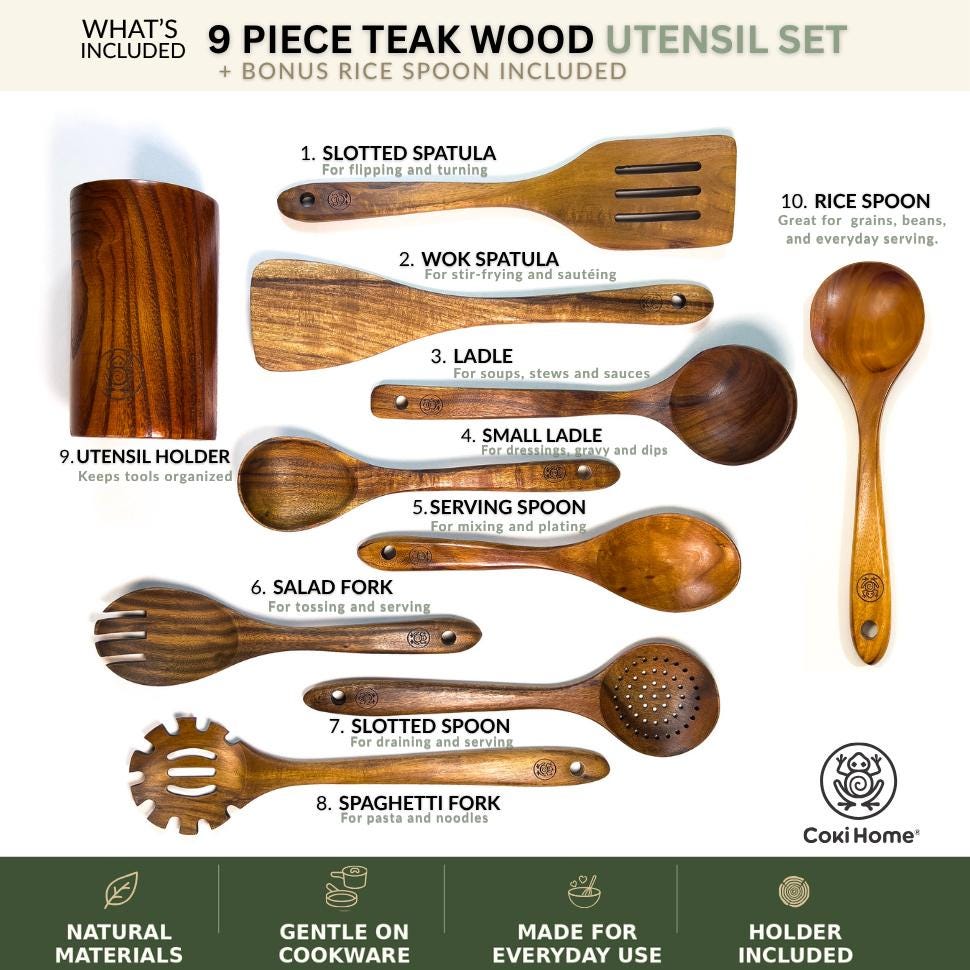 Teak Wood Kitchen Utensil Gift Set, 9 Piece Wooden Cooking Utensils with Holder + Bonus Rice Spoon