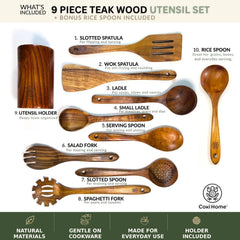 Teak Wood Kitchen Utensil Gift Set, 9 Piece Wooden Cooking Utensils with Holder + Bonus Rice Spoon