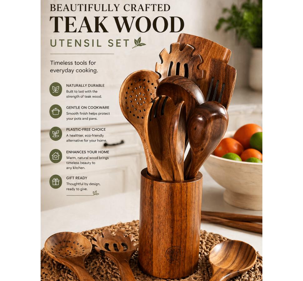Teak Wood Kitchen Utensil Gift Set, 9 Piece Wooden Cooking Utensils with Holder + Bonus Rice Spoon