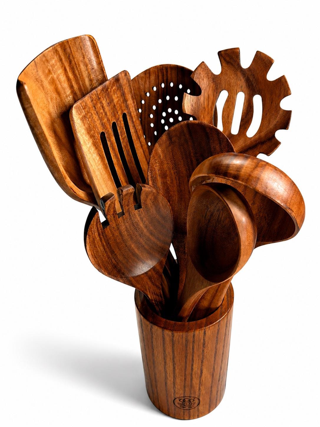 Teak Wood Kitchen Utensil Gift Set, 9 Piece Wooden Cooking Utensils with Holder + Bonus Rice Spoon