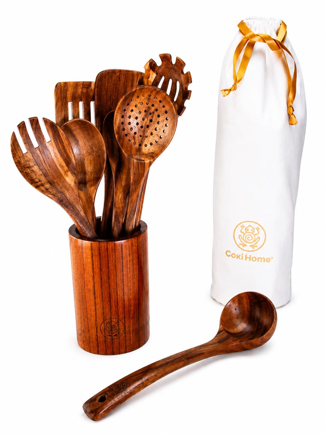 Teak Wood Kitchen Utensil Gift Set, 9 Piece Wooden Cooking Utensils with Holder + Bonus Rice Spoon