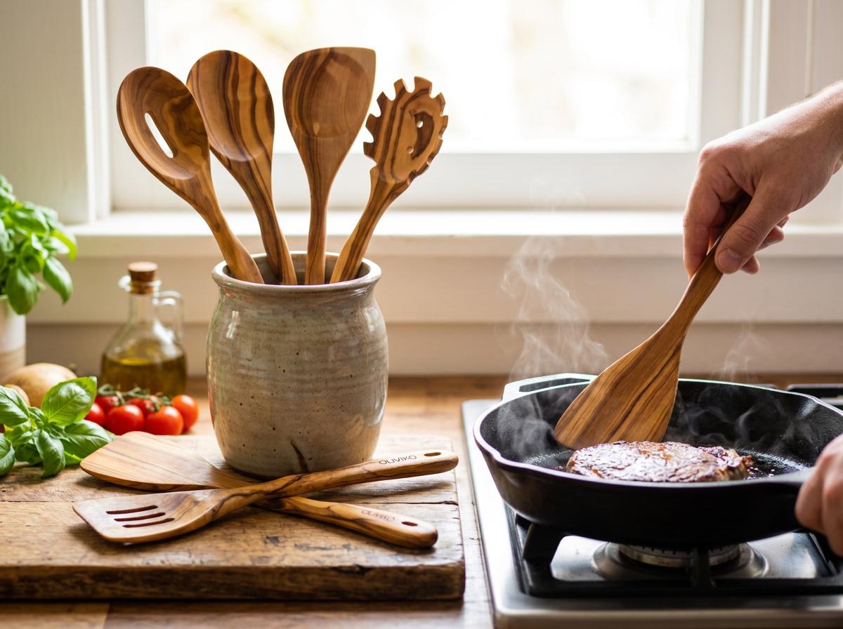 Olive Wood Utensil Set - 6 Piece Kitchen Spoons, Spatulas & Spaghetti Server