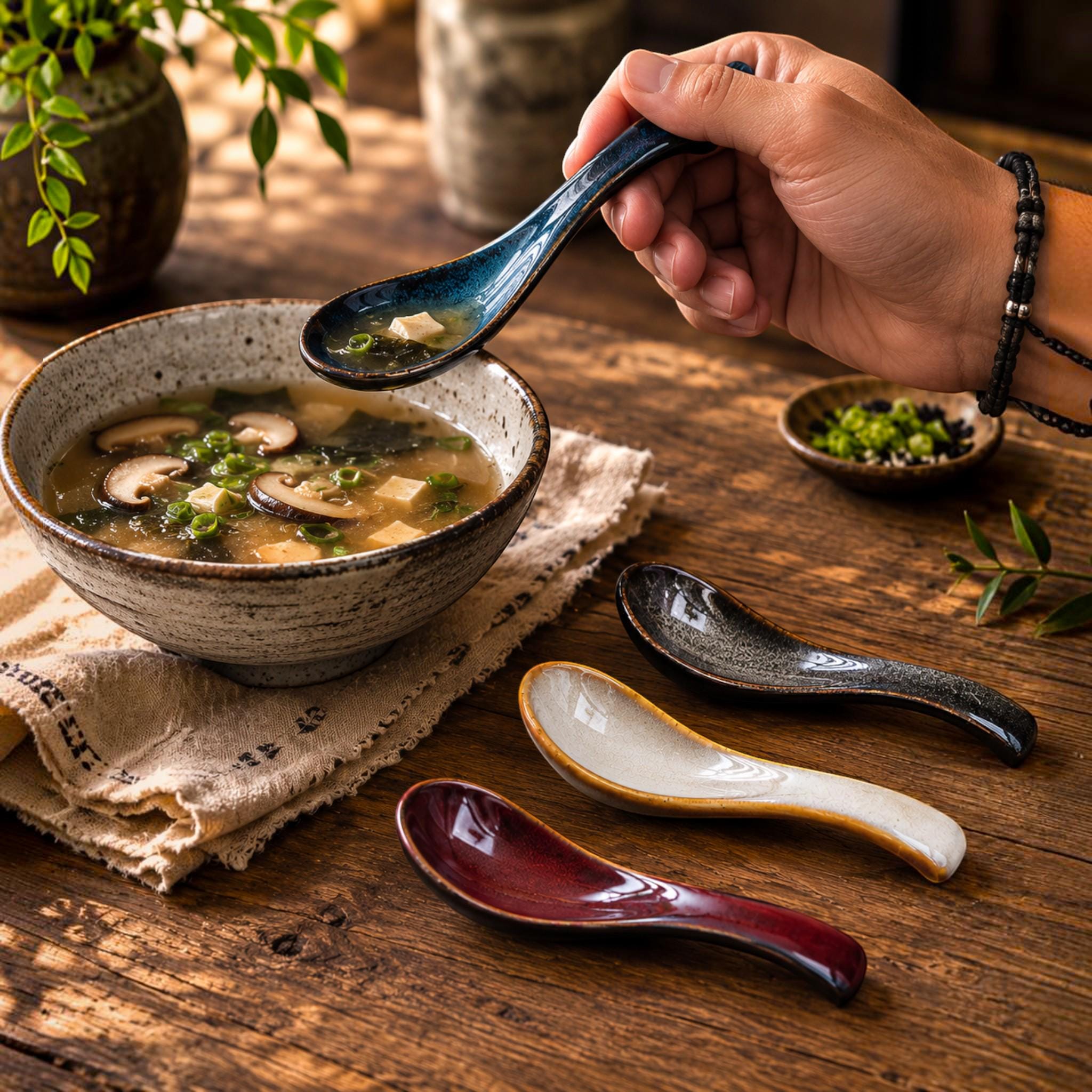 Japanese Ceramic Soup Spoon Handmade Utensil Ramen Accessories Elegant Vintage Scoop Artisan Stoneware Unique Kiln Handcrafted Kitchenware