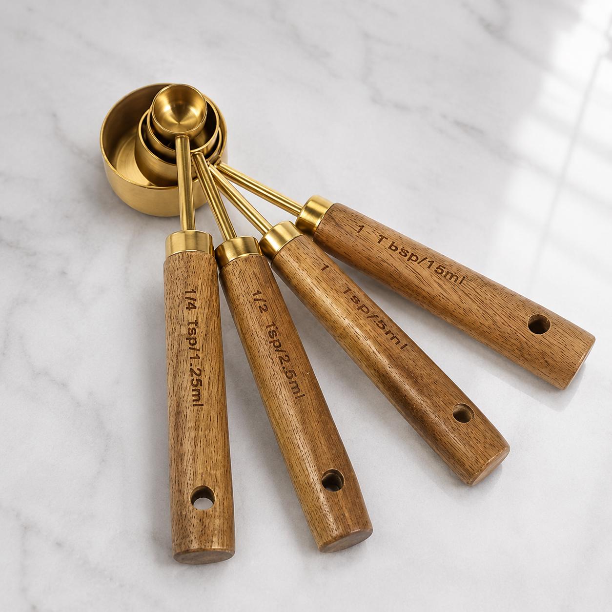 Wooden Handle Measuring Cups and Spoons, Stainless Steel Measuring Cups Set, Measuring Spoons Set, Baking Measuring Tools