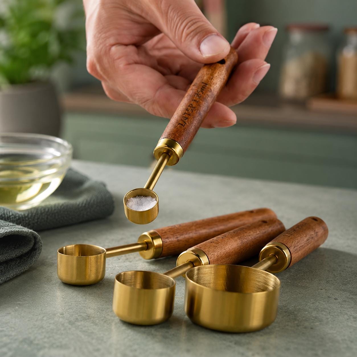 Wooden Handle Measuring Cups and Spoons, Stainless Steel Measuring Cups Set, Measuring Spoons Set, Baking Measuring Tools