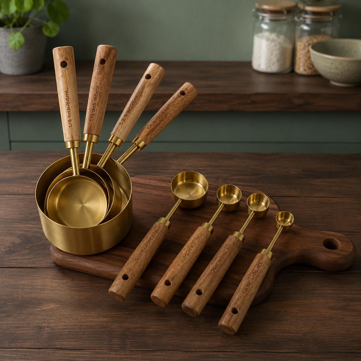 Wooden Handle Measuring Cups and Spoons, Stainless Steel Measuring Cups Set, Measuring Spoons Set, Baking Measuring Tools