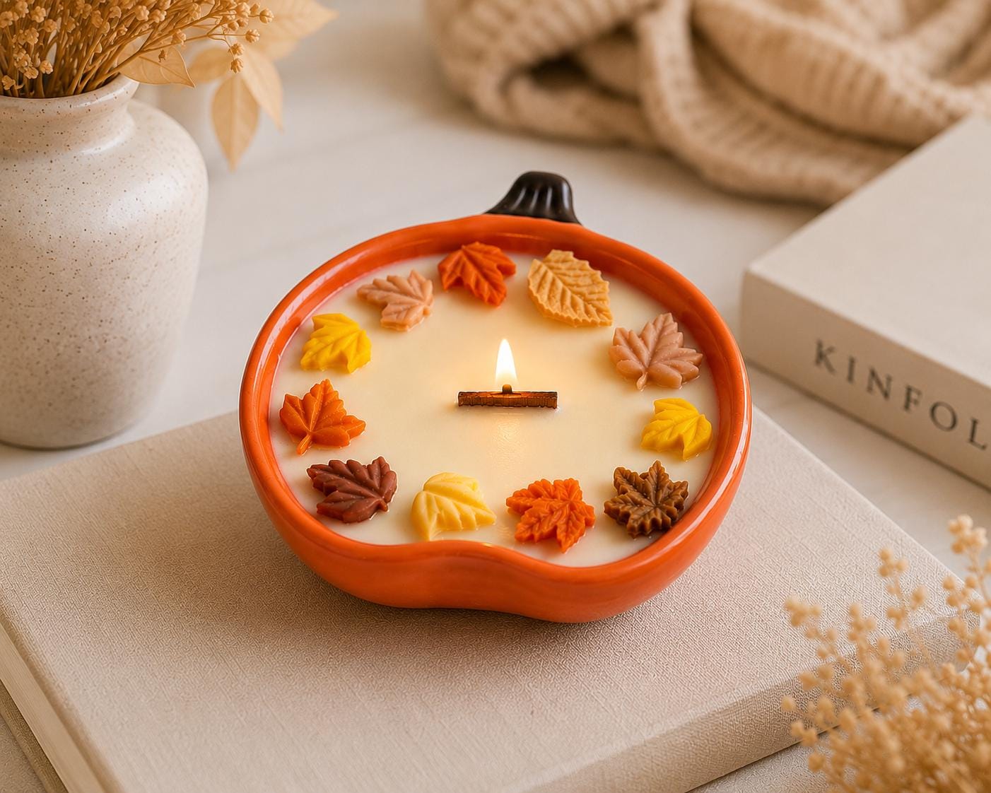 Fall Pumpkin Shape Soy Candle, Wood Wick, Autumn Leaf Decor