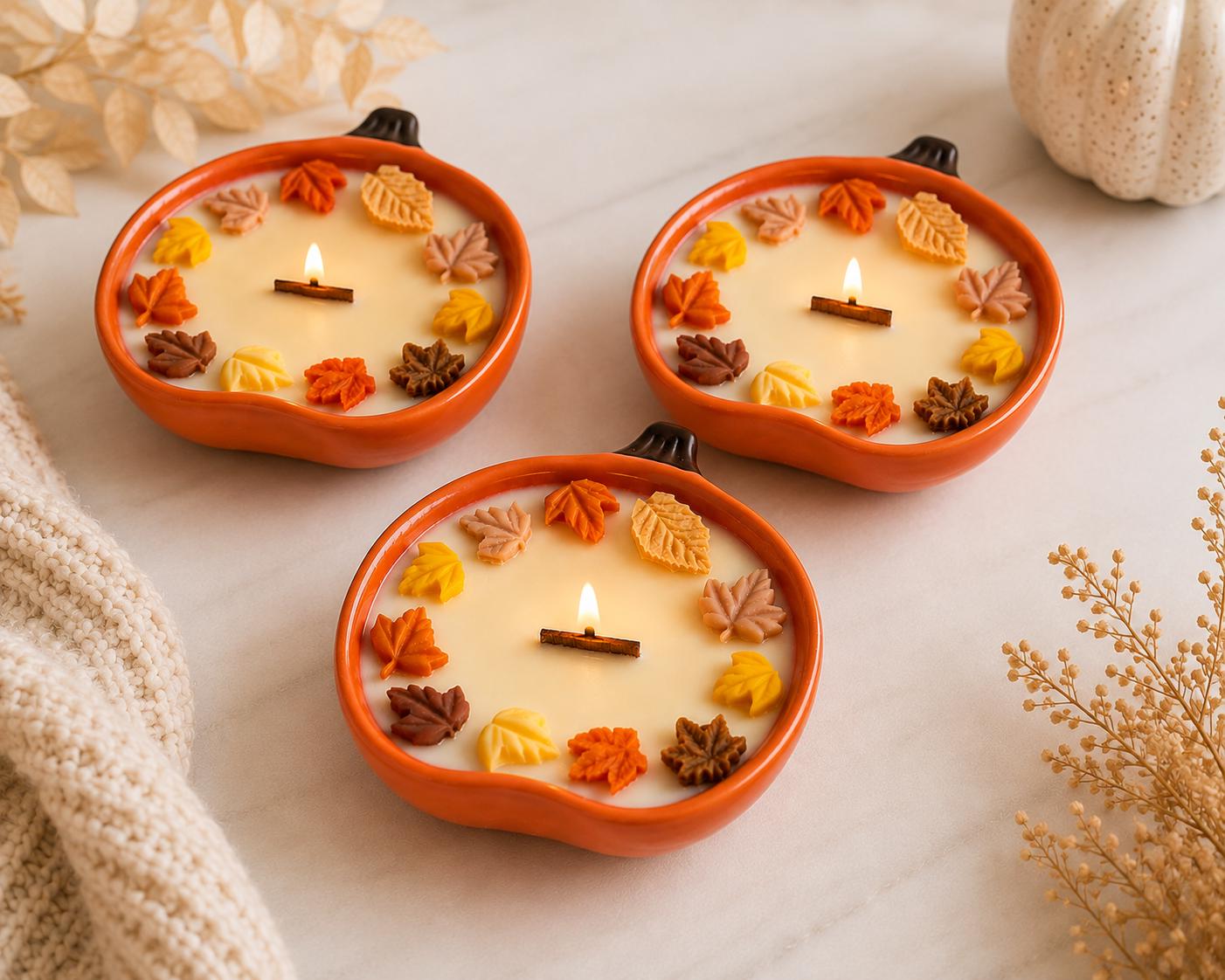 Fall Pumpkin Shape Soy Candle, Wood Wick, Autumn Leaf Decor