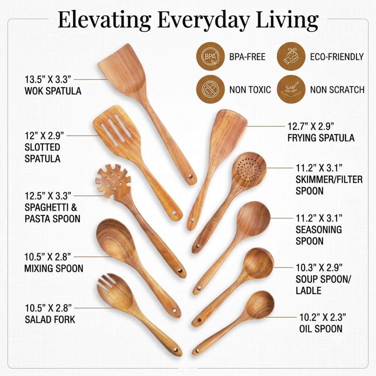 10 Piece Teak Kitchen Utensil Set, Wooden Cooking Tools, Natural Wood Spoons And Spatulas