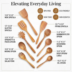 10 Piece Teak Kitchen Utensil Set, Wooden Cooking Tools, Natural Wood Spoons And Spatulas