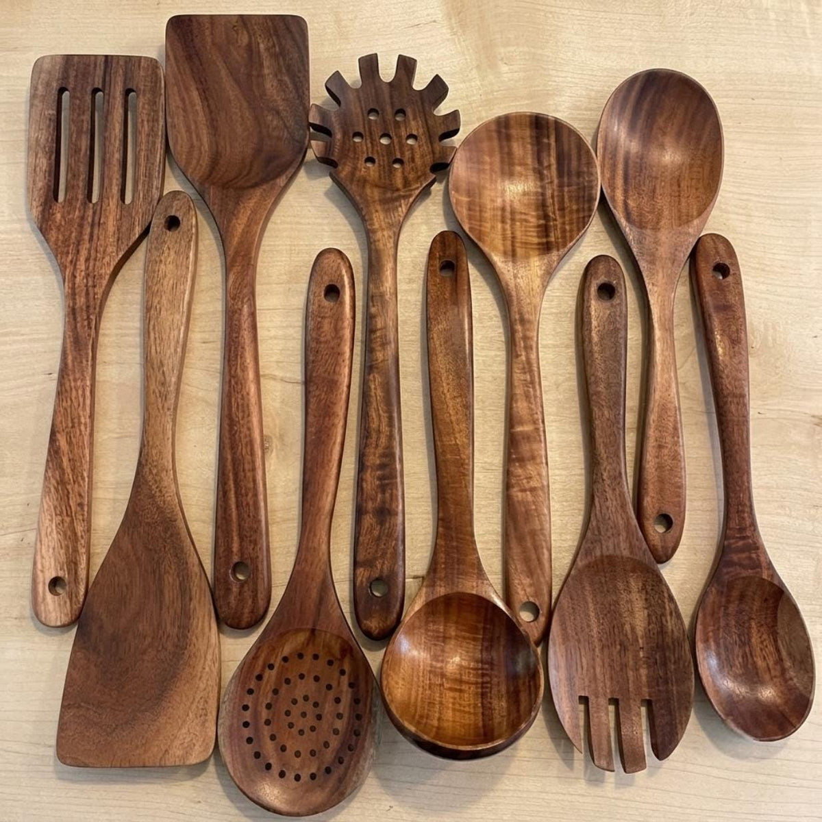 10 Piece Teak Kitchen Utensil Set, Wooden Cooking Tools, Natural Wood Spoons And Spatulas