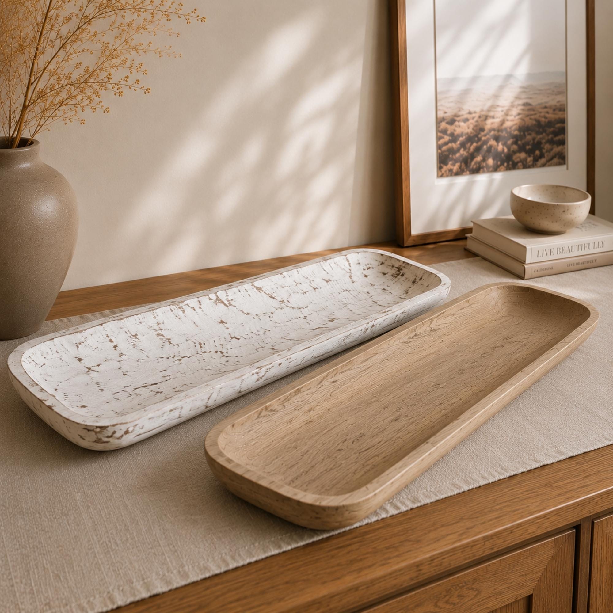 Handcrafted Mango Wood Dough Bowl, 28" Long Table Centerpiece, Scandinavian Minimalist Decor