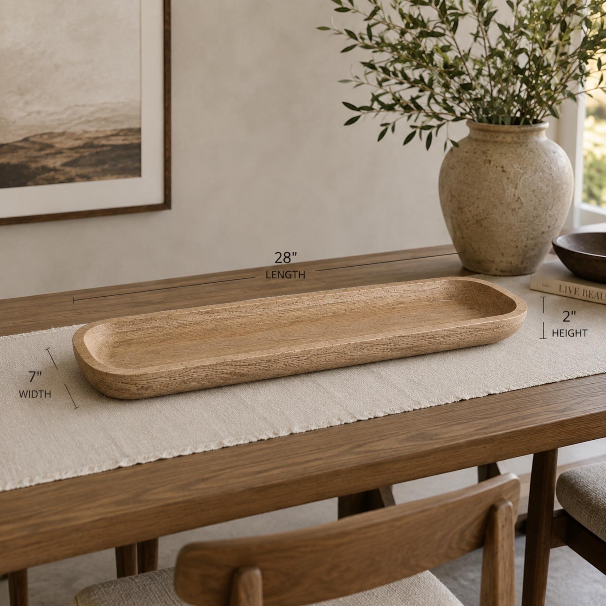 Handcrafted Mango Wood Dough Bowl, 28" Long Table Centerpiece, Scandinavian Minimalist Decor