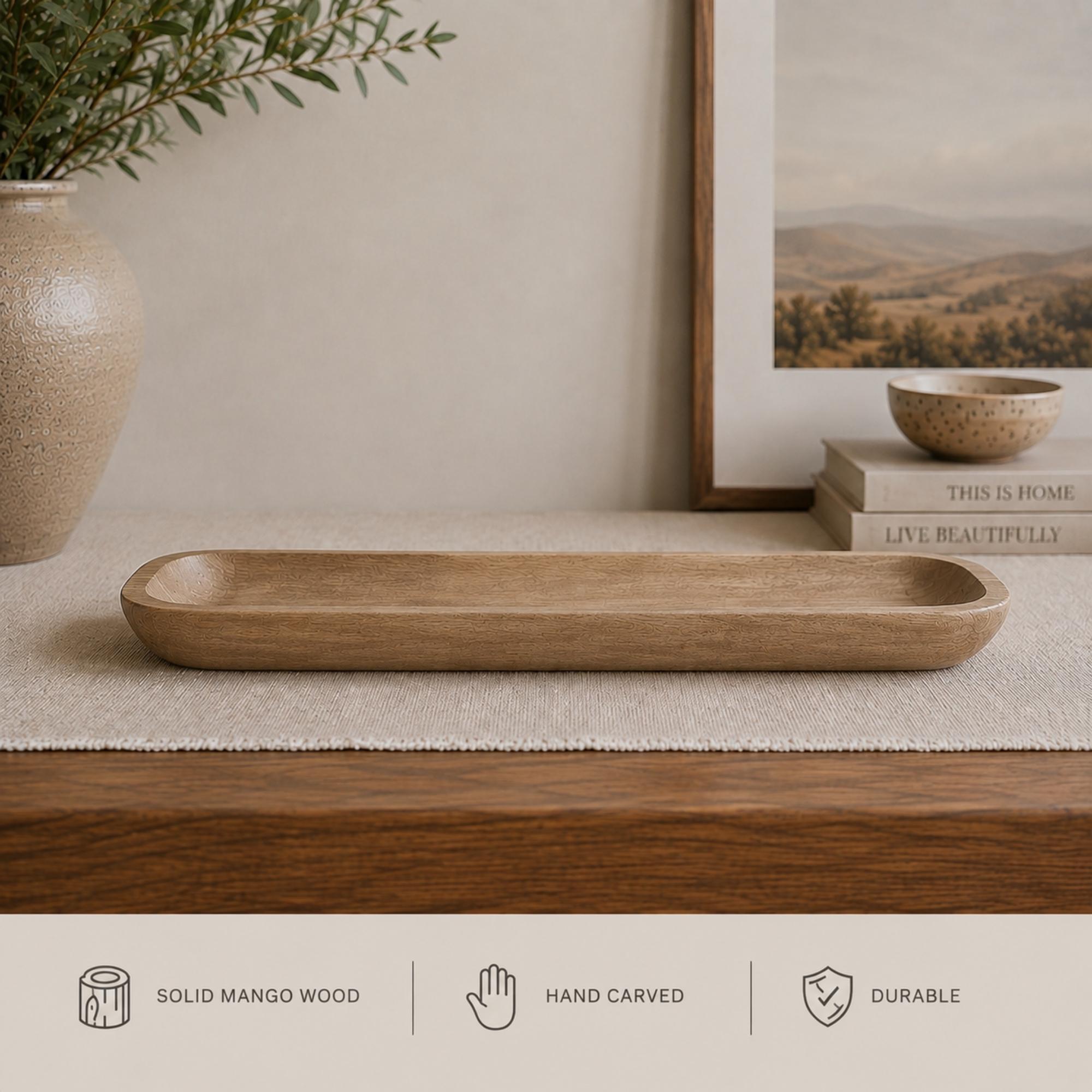 Handcrafted Mango Wood Dough Bowl, 28" Long Table Centerpiece, Scandinavian Minimalist Decor