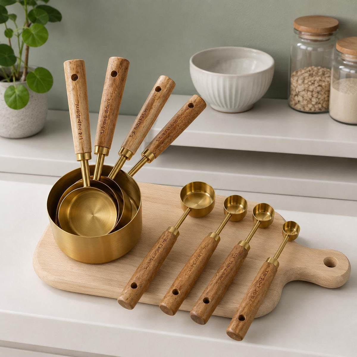 Wooden Handle Measuring Cups and Spoons, Stainless Steel Measuring Cups Set, Measuring Spoons Set, Baking Measuring Tools