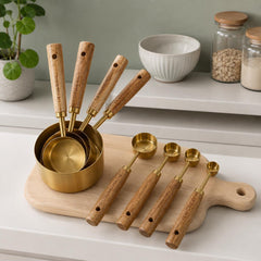 Wooden Handle Measuring Cups and Spoons, Stainless Steel Measuring Cups Set, Measuring Spoons Set, Baking Measuring Tools