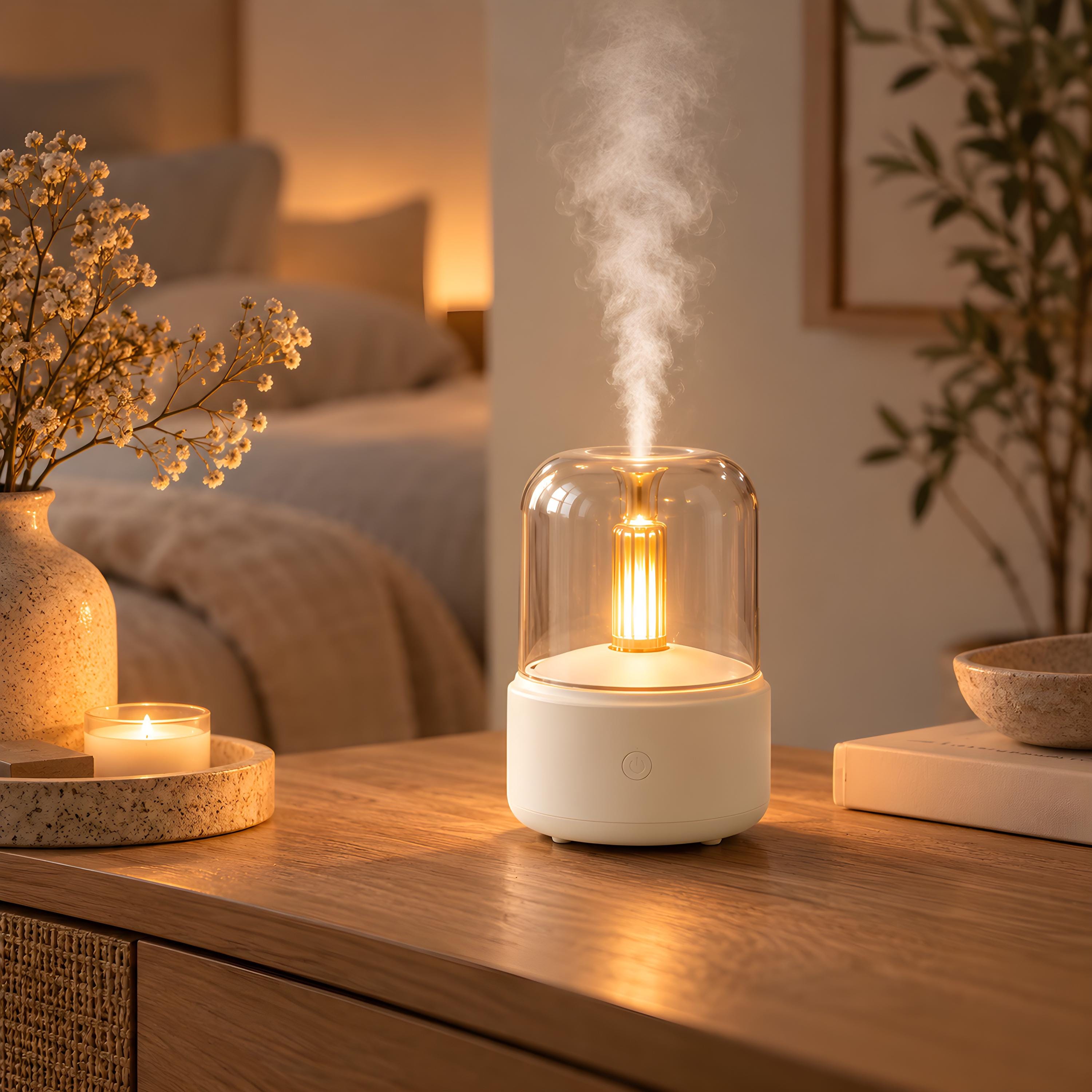 Essential Oil Diffuser Flame Lamp, LED Humidifier Aroma Diffuser, Mist Diffuser Night Light, Aromatherapy Desk Decor