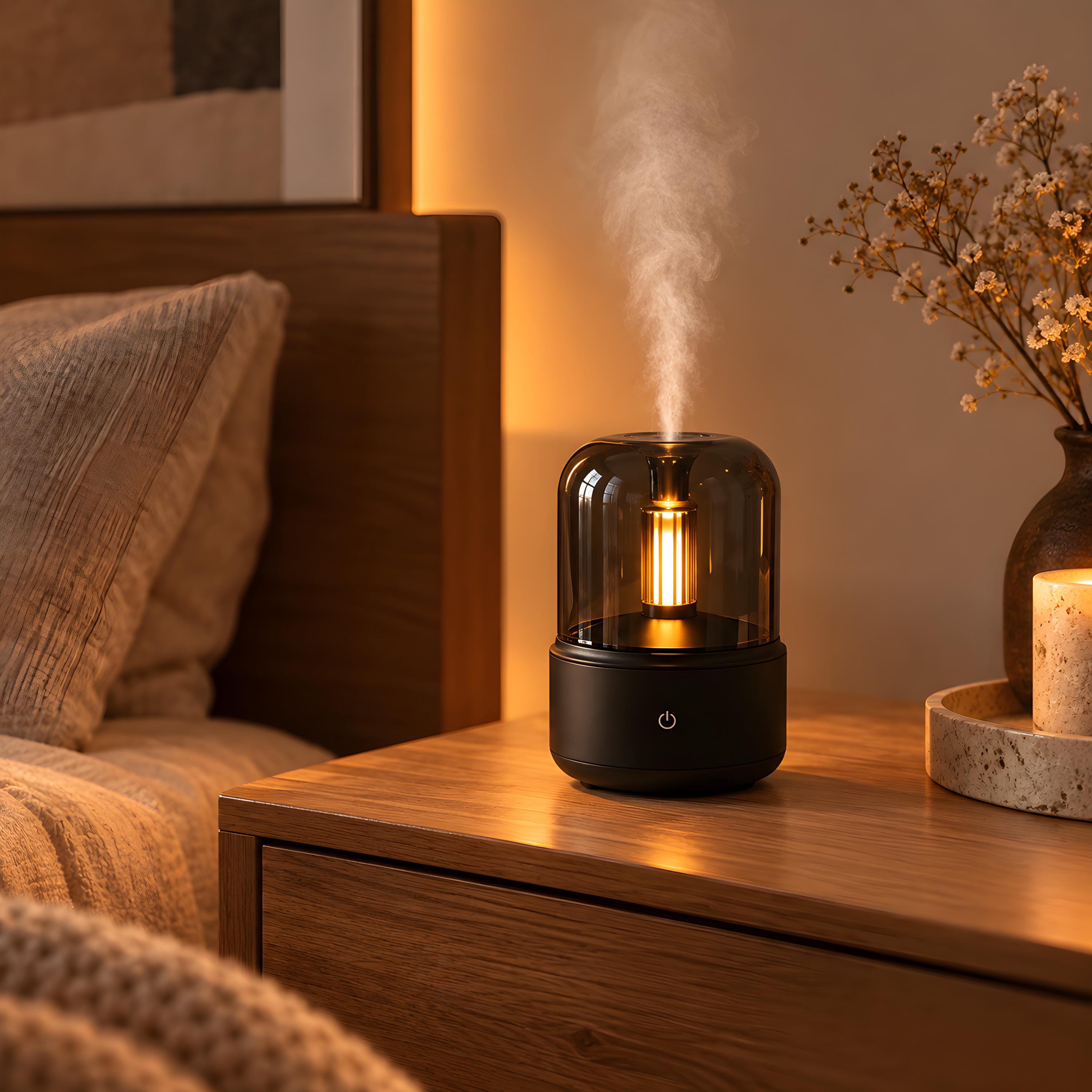 Essential Oil Diffuser Flame Lamp, LED Humidifier Aroma Diffuser, Mist Diffuser Night Light, Aromatherapy Desk Decor